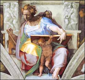 Michelangelo, 'Daniel' (1508-12), fresco, Sistine Chapel ceiling, Vatican, after restoration of 1980-94.
