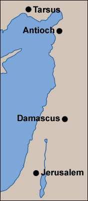 Map of Tarsus, Antioch, Damascus, and Jerusalem