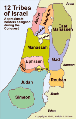 12 Tribes of Israel, approximate borders assigned during the Conquest