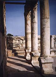 A view of pillars along the north side of the Synagogue at Capernaum, built in the Third or Fourth Century AD.