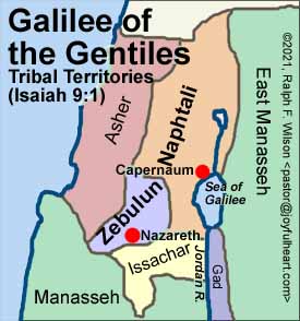 Notice the tribal lands of Zebulun and Naphtali to the west of the Sea of Galilee, the area around Nazareth and Jesus' Galilean ministry.