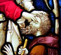 Detail of 'Healing the Blind Man,' stained glass, All Saints Church, Rickling, Essex, UK