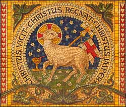 Mosaic of Lamb of God altar of little chapel Capella Pinardi, Turin, Italy.