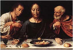 Joos van Cleve (Dutch artist, 1485-1540), detail 'The Last Supper,' oil on wood, 45 x 206 cm,  Musée du Louvre, Paris, Predella of 'Altarpiece of the Lamentation' (c. 1530).