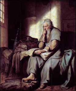 Rembrandt, 'St. Paul in Prison' (1627), oil on wood, 72.8 x 60.2 cm., Stuttgart, Staatsgalerie. His body may be in prison, but you can see in his face a contemplation of the heavenly realms that he opens for us in Ephesians 1.