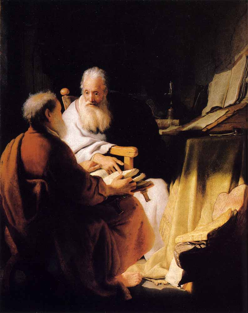 Rembrant, St. Peter and St. Paul in Conversation, 1628) dans images sacrée rembrandt-two-old-men-disputing-1628-792x1000x72