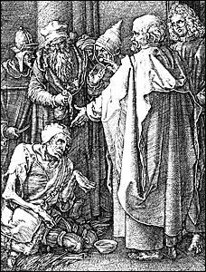 Peter using his spiritual gifts. Detail of Albrecht Dürer (1471-1528), 'St Peter and St John Healing the Cripple' (1513), engraving, 118 x 74 mm, Metropolitan Museum of Art, New York. 