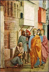 'St Peter Healing the Sick with his Shadow,' by Masaccio (1401-1427?), the first great painter of the Italian Renaissance. This is part of a series in fresco for the Brancacci Chapel in Santa Maria del Carmine, Florence (about 1427). It depicts an event in Peter's life described in Acts 5:15.