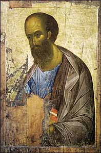 Andrei Rublev, Apostle Paul (1420s), tempera on wood, 160 x 109 cm, The Tretyakov Gallery, Moscow