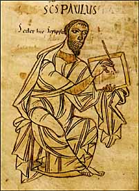 Saint Paul writing. From an early 9th century manuscript version of Saint Paul's letters now in Stuttgart, ascribed to the Monastery of St. Gall, Switzerland, scribe Wolfcoz.