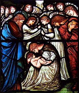 Edward Burne-Jones (1833-1898), 'Nativity' (1875), William Morris stained glass window, St. Martins in the Bull Ring, Birmingham city center, south window.