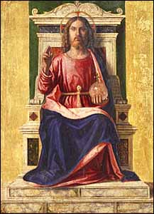 Giovanni Battista Cima da Conegliano, 'Christ on the Throne' (before 1505), tempera and gilding on wood panel, 7.8 x 5.9 in., Pushkin Museum of Fine Art, Moscow.