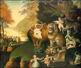 Detail from Edward Hicks (American Quaker painter, 1780-1849), 'The Peaceable Kingdom' (c. 1834), oil on canvas, 74.5 x 90.1 cm., National Gallery of Art, Washington DC.