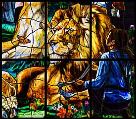 Lion panel detail of 'Resurrection Window' (2017) by Judson Studios, Narcissus Quagliata, artist, United Methodist Church of the Resurrection, Leawood, Kansas. Fused stained glass.