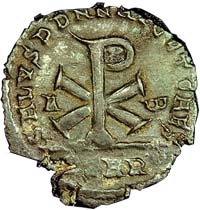 AE2 bronze coin issued by Magnentius in 353 AD.