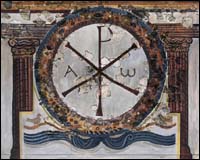 Chi-Rho in a wall painting in 4th century Roman villa, Lullingstone, Kent