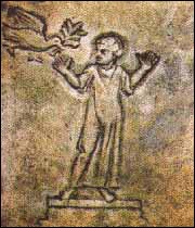 Person in prayer (orantes) and a dove with an olive branch in its mouth.