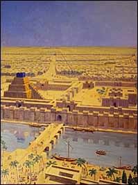 Maurice Bardin (1936), 'View of the City of Babylon' (1936), in the period of Nebuchadnezzar II (604-562 BC), with the Euphrates, Esagila (left), and the Marduk temple (right) in the foreground. following Eckhard Unger's reconstruction. Oil on canvas, 4' x 3', Oriental Institute, University of Chicago. 