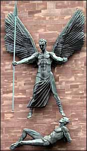 Jacob Epstein, 'St. Michael Defeats the Devil' (1959), statue, east wall, Coventry Cathedral, England.