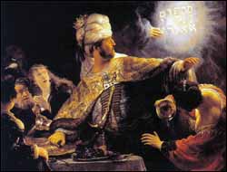 Rembrandt, 'Belshazzar's Feast' (1635), oil on canvas, 66 x 82 in, National Gallery, London.