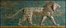 Striding Lion (604--562 BC), glazed brick from the reign of Nebuchadnezzar II, excavated at wall of Processional Way, Babylon. Metropolitan Museum of Art, New York.