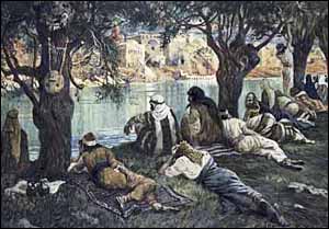 James J. Tissot, 'By the Waters of Babylon' (1896-1903), The Jewish Museum, New York. Notice the instruments hanging from the trees. Tissot illustrates Psalm 137:1-2: 'By the rivers of Babylon we sat and wept when we remembered Zion. There on the poplars we hung our harps....'