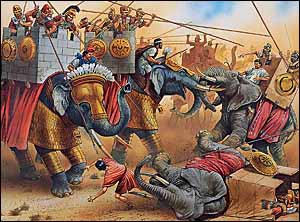 Indian war elephants of Antiochus III and African war elephants of Ptolemy IV in the Battle at Raphia, 217 BC.