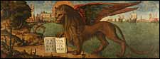 Vittore_Carpaccio, 'The Lion of St. Mark' (1516), tempera on canvas, 130 x 368 cm, Palazzo Ducale, Venice. A winged lion is the symbol of St. Mark the Evangelist.