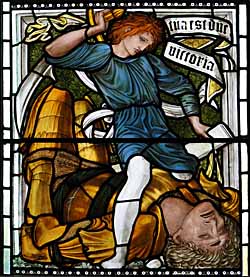 David is depicted with red hair by Edward Burne-Jones, 'David and Goliath' (1872), Vyner Memorial Window, Christ Church, Oxford, Lady Chapel, designed by Burne-Jones and made by Morris Co.