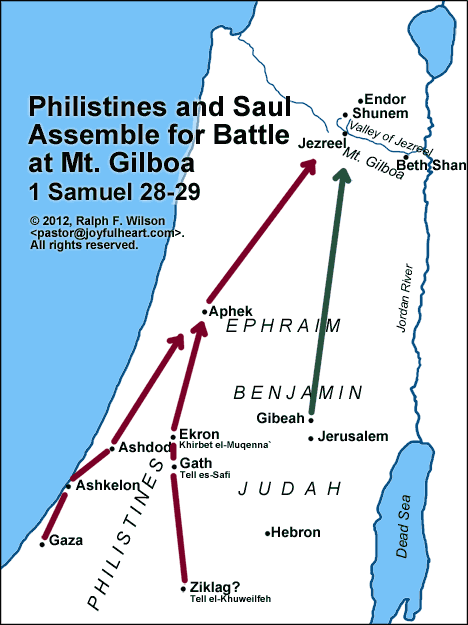 Map: Philistines and Saul Assemble for Battle at Mt. Gilboa (1 Samuel 28-29)