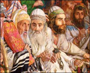 The Apostles are called to account before the Sanhedrin. This is a detail from a painting by William Holman Hunt, 'The Finding of the Savior in the Temple' (1860)