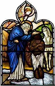 Design: Edward Burne-Jones, 'Philip the Deacon Baptizing the Ethiopian Eunuch' (1876), stained glass, St. Barnabas Chapel (Mission Church), Norfolk Island, Australia; window by Morris & Co.