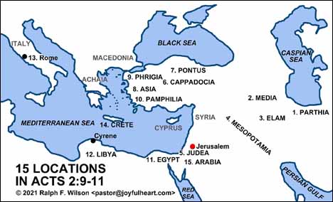 15 Locations of residents of Jerusalem in Acts 2:9-11 