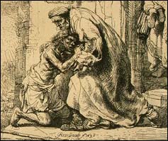 Detail from Rembrandt van Rijn (Ephesians Dutch painter, 1606-1669), "The Return of the Prodigal Son" (1636), etching on laid paper, plate: 15.6 x 13.7 cm, National Gallery of Art, Washington, DC.