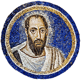 'Apostle Paul' (494-495 AD), ceiling mosaic, Archiepiscopal Chapel of St. Andrew (oratory), Ravenna, Italy.