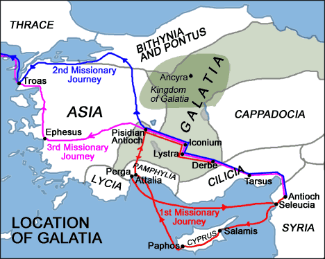 Map Location of Galatia and Paul's Missionary Journeys