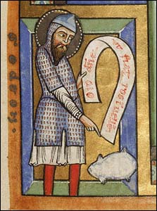 Gideon pointing to the fleece. Illustrated manuscript, German, Hildesheim, about 1170s, Tempera colors, gold leaf, silver leaf, and ink on parchment, 11 1/8 x 7 7/16 in., MS. 64, FOL. 92. Getty Museum.