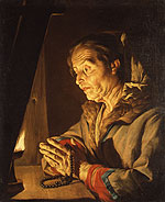Matthias Stom (Flemish painter, 1600-c. 1649),'Old Woman Praying,' oil on canvas; 30 5/8 x 25 1/8 in., Metropolitan Museum of Art, New York.