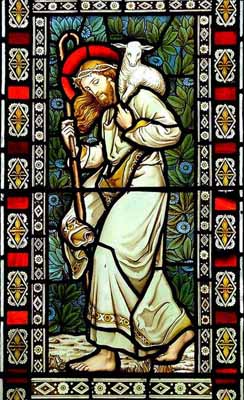 Good Shepherd, stained glass window at All Saints Church, Alburgh, Norfolk, UK, by Powell of London (1872). Photo � by Simon Knott. Used by permission.