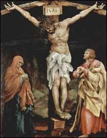 Zechariah prophesies that the Jews will finally, 'look on me, the one they have pierced, and they will mourn' (Zechariah 12:10). This painting of the crucifixion is by Matthias Grünewald, Die Kreuzigung Christi (1523-1524), Tauberbischofsheimer Altar, 193 x 151 cm. Kunsthalle, Karlsruhe, Germany.