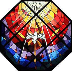 Holy Spirit / Trinity Window (1952), stained glass, above the altar at Our Lady of Fatima Church, Bridgeport, Connecticut, by O'Duggan Studios, Boston.