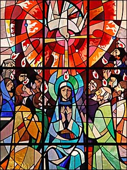 Pentecost, stained glass window, St Aloysius' Catholic Church, Somers Town, London. Photo: Fr. Francis Lew, O.P. Used by permission. 