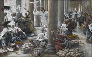 James J. Tissot, �The Merchants Chased from the Temple� (1886-94), gouache on paper, 7.25x11.6, Brooklyn Museum.