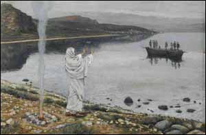 James J. Tissot, Jesus Christ Appears on the Shore of Lake Tiberias (1884-96), gouache on gray wove paper, 5-7/8 x 9-1/16, Brooklyn Museum, New York.