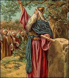 'Joshua Renewing he Covenant with Israel,' unknown illustrator, Bible card. c. 1907, Providence Lithograph Co.