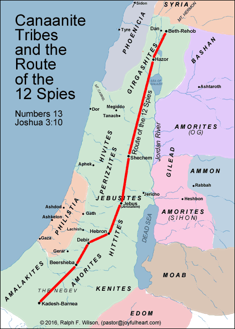 Canaanite Tribes and the Route of the 12 Spies (Num 13; Joshua 3:10)