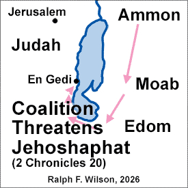 Coalition of armies of Moab, Ammon, and Edom prepares to attack Israel from En Gedi (2 Chronicles 20:2).