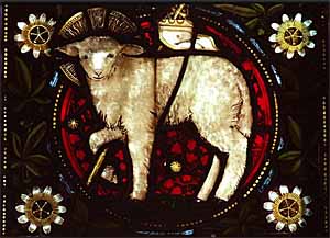 Agnus Dei, Stained glass, St John the Baptist, Needham Market, Suffolk, England.