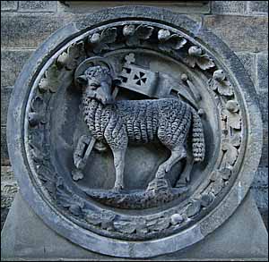 Agnus Dei, relief at cemetery chapel in DresdenStriesen, Germany.