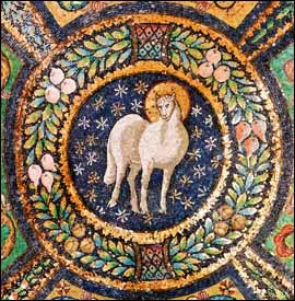 Agnus Dei, San Vitale, Ravenna (begun 532, consecrated 547A.D), mosaic, detail of  central ceiling medallion.